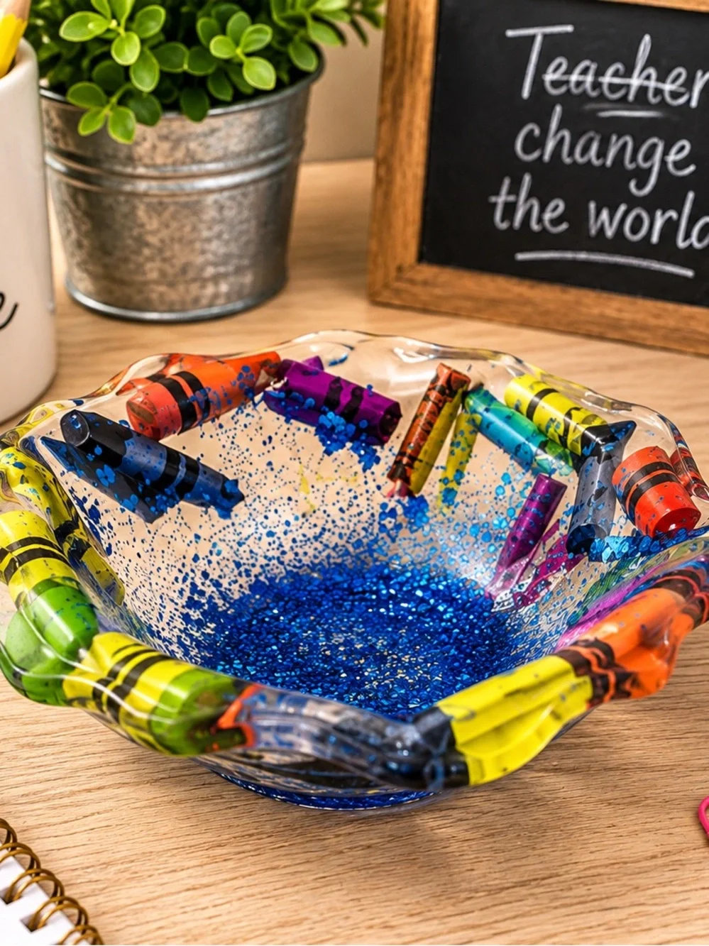 Hand-Blown Multicolor Crayon-Edged  Decorative Bowl - Blue Interior
